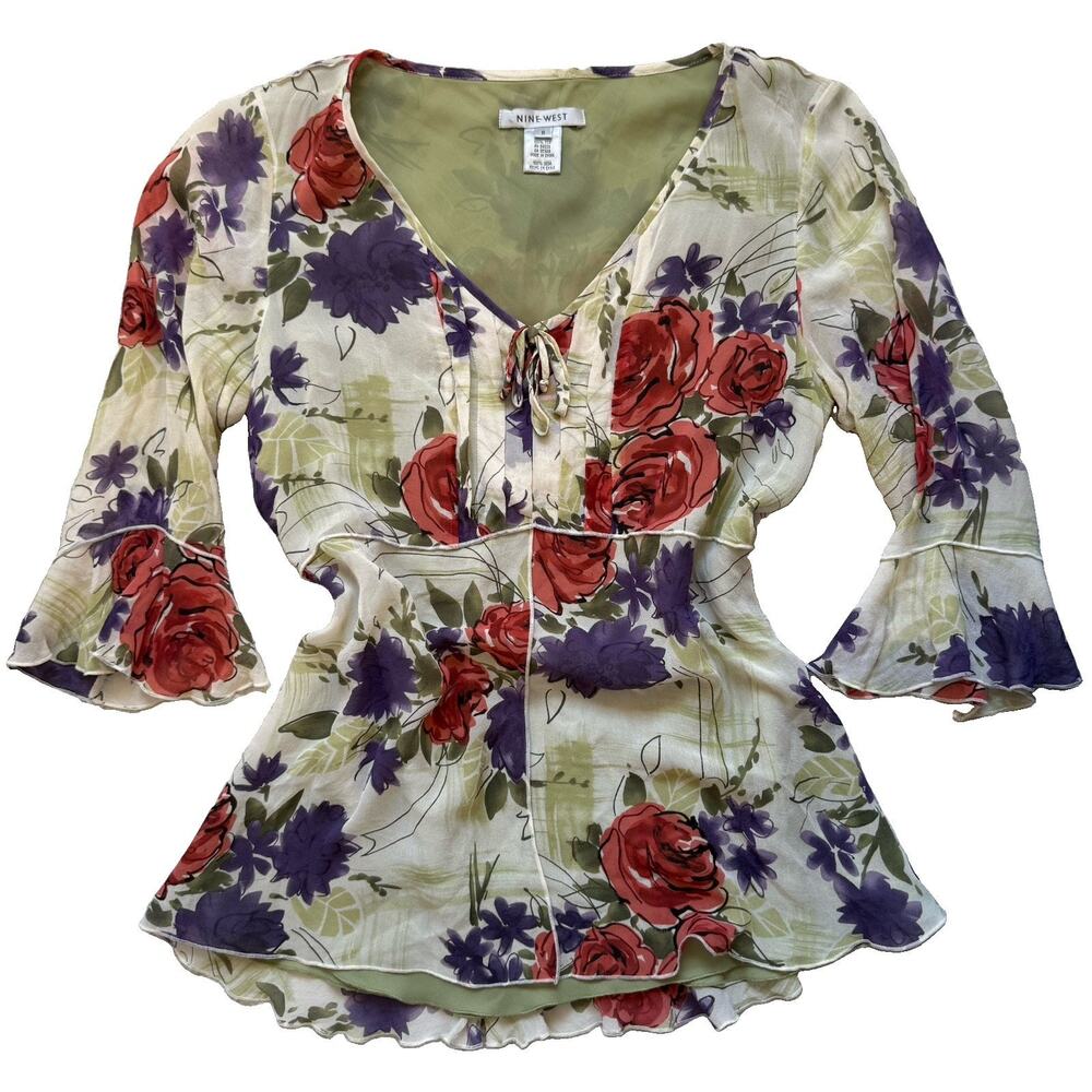 Y2K Nine West 100% Silk Top M Bell Floral Fairy Grunge Whimsigoth Romantic Boho